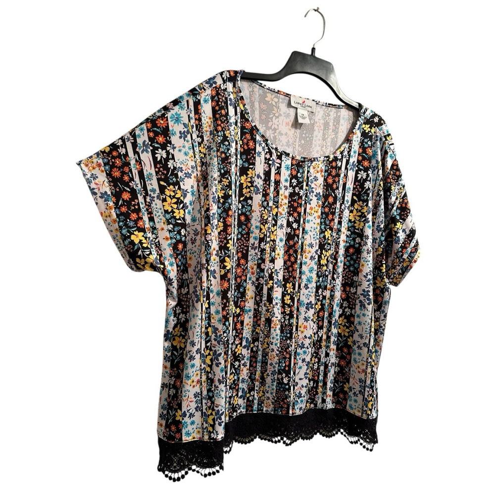 Larky Lark Floral Tunic Blouse Lace Hem Womens 1X Multicolor Short Sleeves - Picture 5 of 17
